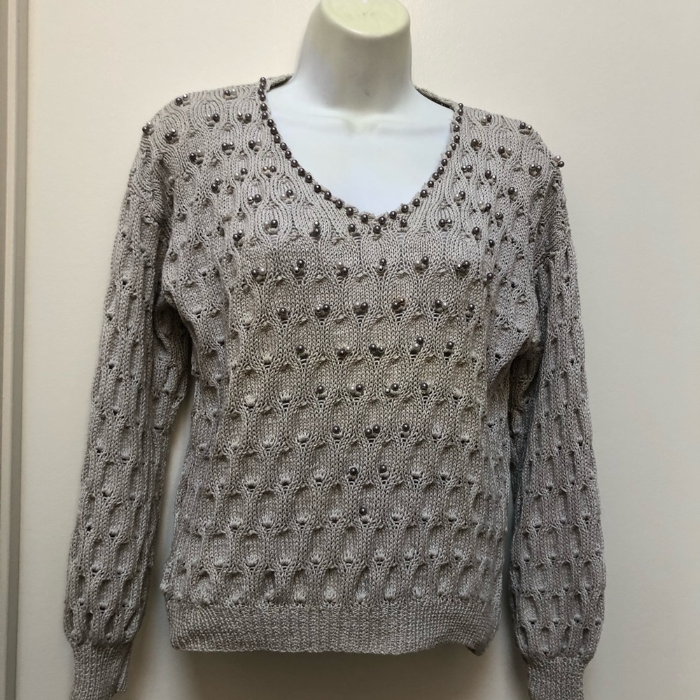 Cable Knitted Lightweight V Neck Tan Handmade Sweater Perl Clusters Small - Picture 4 of 10